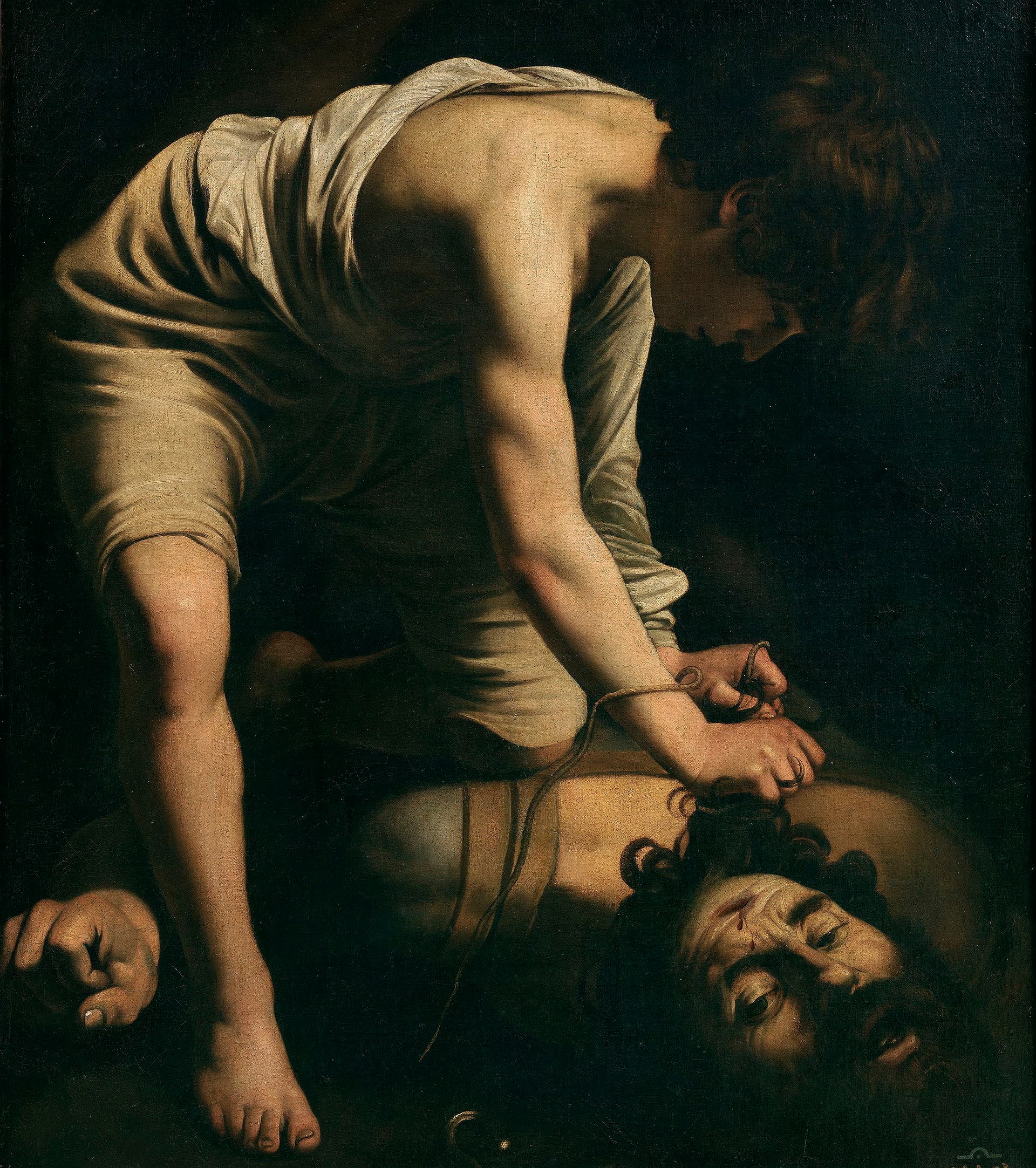 David with the Head of Goliath by Michelangelo Merisi da Caravaggio (c. 1610). Caravaggio painted himself as the severed head of Goliath. The canonical Shadow image.