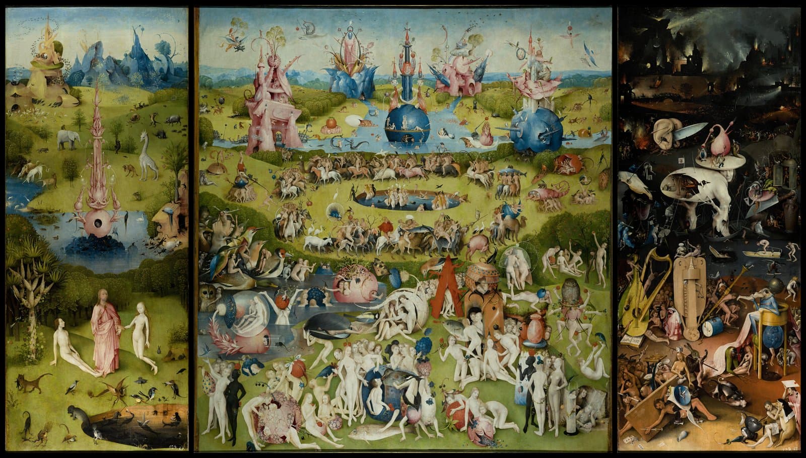 The Garden of Earthly Delights (full triptych) by Hieronymus Bosch (c. 1490–1510). Eden on the left, delight in the middle, the consequences on the right. The Trickster is the whole triptych — what gets crossed, what gets crossed again.